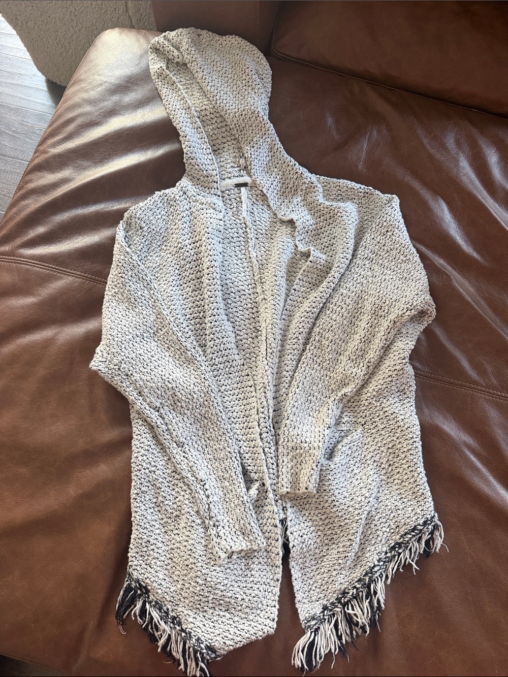 Free People Hooded Fringe Knit Cardigan - Light Gray/Black